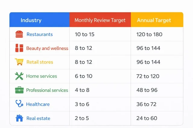 Infographic showing recommended monthly and annual Google review targets by industry, including restaurants, retail, home services, healthcare, and real estate.