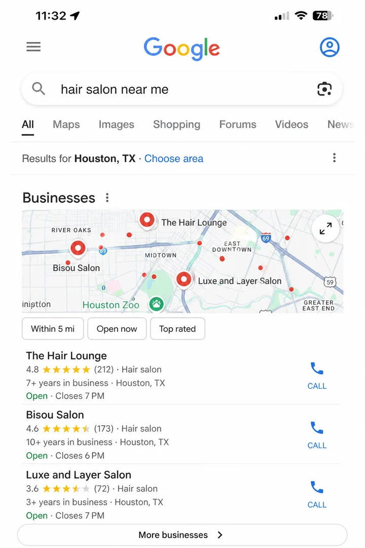 Google local search results before optimization
