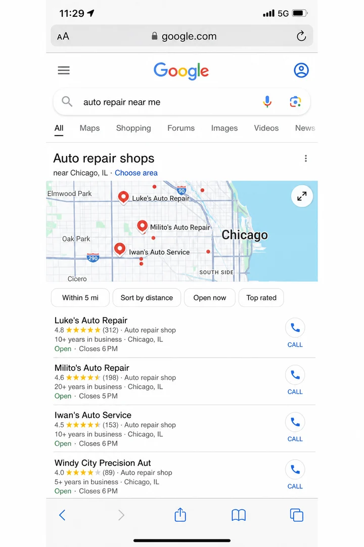 Google local search results before optimization